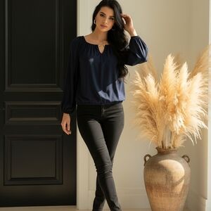 Michael Kors Navy Blouse With Gold Neckline Details